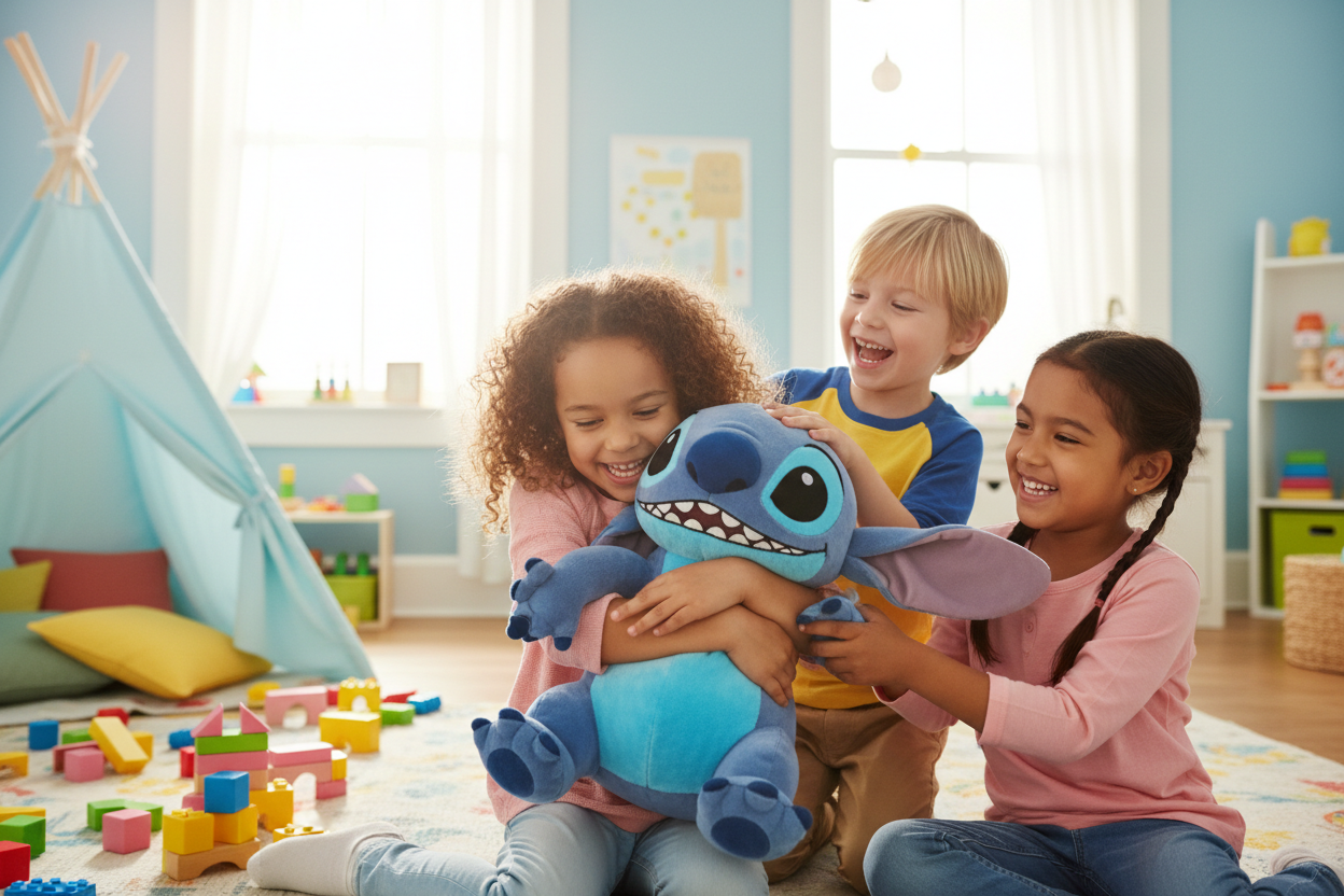 Kids playing with Disney Stitch plush doll